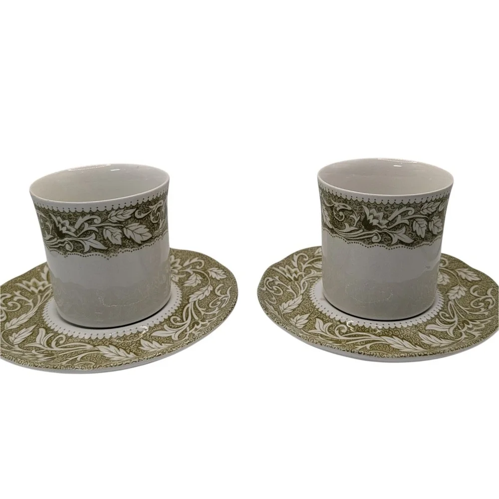 J G Meakin Teacups Saucers Renaissance‎ Green English Ironstone Set of Two SEE